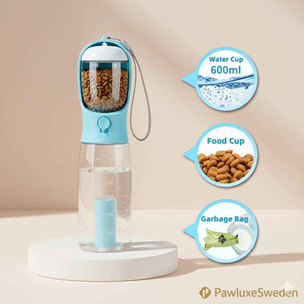 3-i-1 Reseflaska med Vattenskål & Avfallspåse – PawluxeSweden